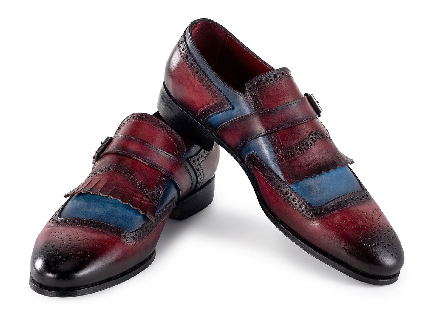 Paul Parkman Men's Kiltie Monkstrap Shoes Blue & Burgundy Leather (ID#12MV62)