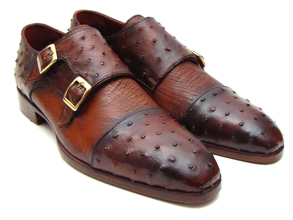 Paul Parkman Brown & Tobacco Genuine Ostrich Double Monkstraps (ID#43K68)