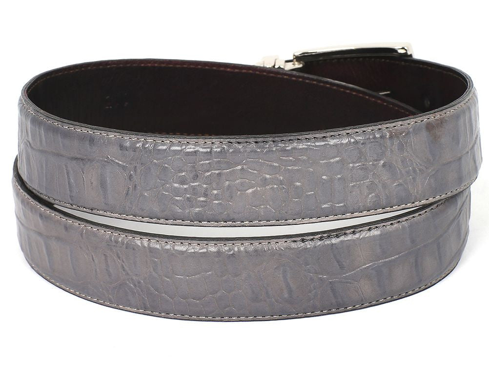 PAUL PARKMAN Men's Crocodile Textured Leather Belt Gray (ID#B02-GRY)