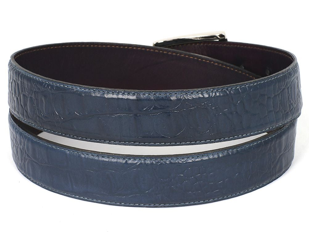 PAUL PARKMAN Men's Crocodile Textured Leather Belt Navy (ID#B02-NVY)