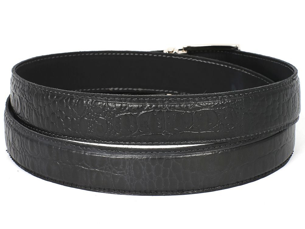 PAUL PARKMAN Men's Crocodile Textured Leather Belt Black (ID#B02-BLK)