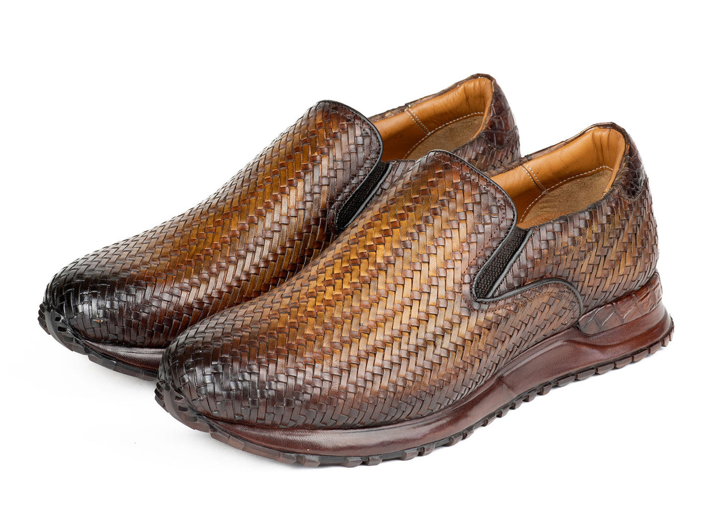 Paul Parkman Men's Brown Woven Leather Slip-On Sneakers (ID#LW204BRW)