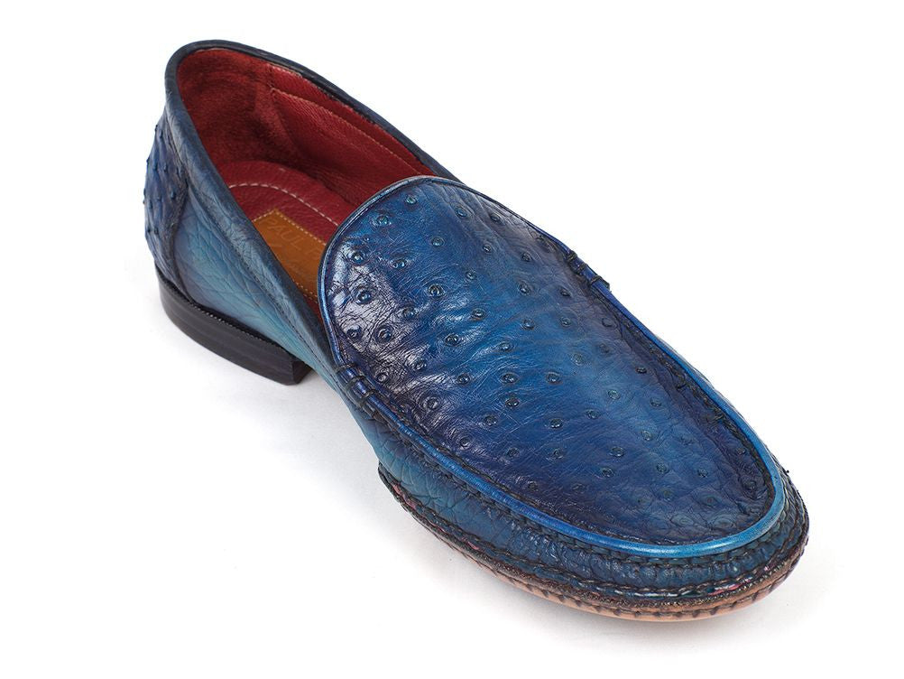 Paul Parkman Men's Blue Genuine Ostrich Opanka Stitched Moccasins (ID#YL94OPK)
