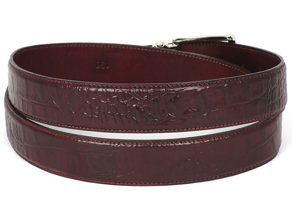 PAUL PARKMAN Men's Crocodile Textured Leather Belt Dark Bordeaux (ID#B02-DBRD)