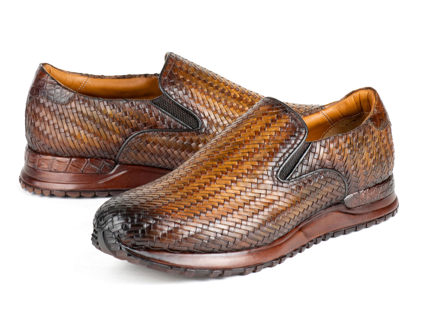 Paul Parkman Men's Brown Woven Leather Slip-On Sneakers (ID#LW204BRW)