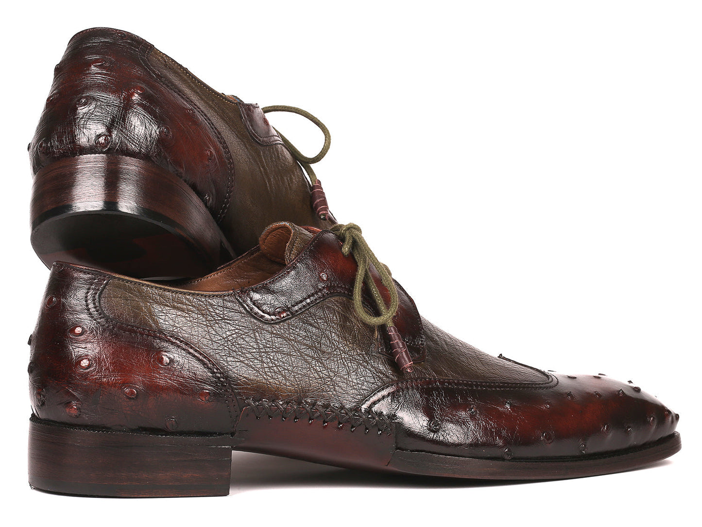 Paul Parkman Ostrich Skin Wingtip Derby Shoes Brown & Green (ID#844H389)